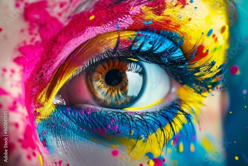 Bright Eye Makeup in Paint Dust - Holi Festival Concept - Concept of Colorful and Festive Beauty