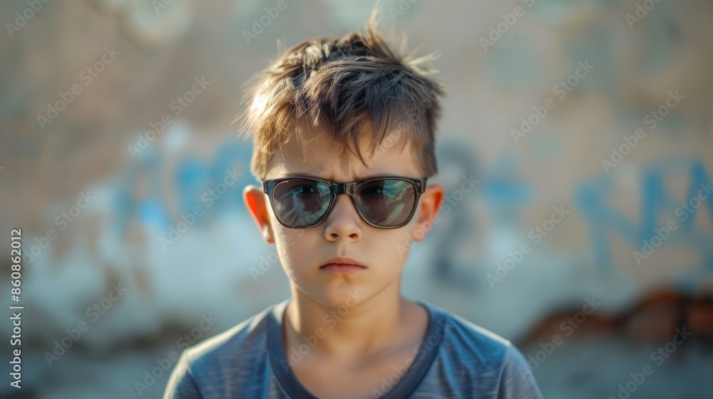 A young boy wearing sunglasses and a shirt with writing on it, AI A young boy wearing sunglasses and a shirt with writing on it, AI