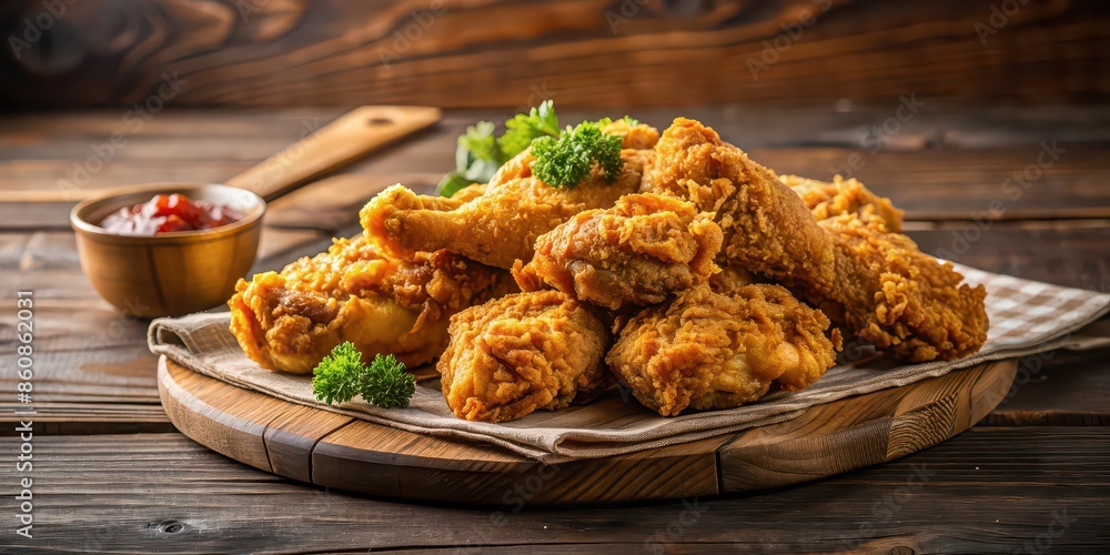 Crispy coated batter southern style fried chicken on a wooden table, fried, chicken, southern, crispy, batter, coating Crispy coated batter southern style fried chicken on a wooden table, fried, chicken, southern, crispy, batter, coating