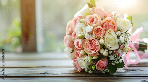Pink and white wedding bouquet on the wooden table selective focus Wedding morning : Generative AI