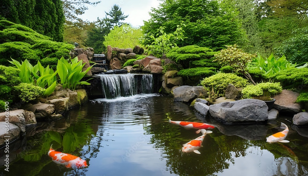 A calming Zen water garden featuring a small pond with koi fish A calming Zen water garden featuring a small pond with koi fish