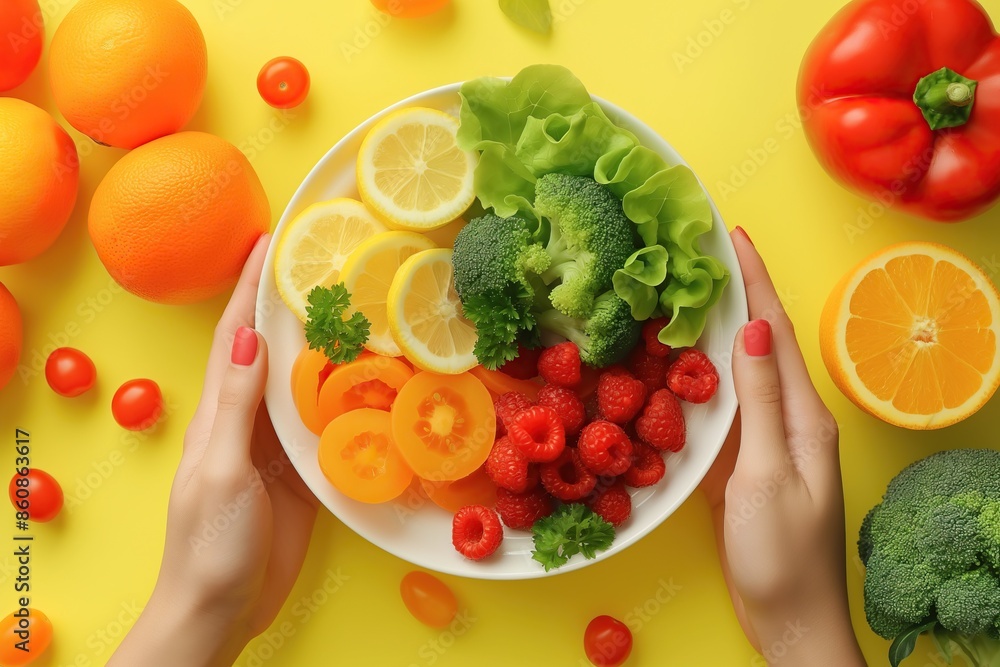 Female hands with plate of fresh vegetables on yellow background, top view Female hands with plate of fresh vegetables on yellow background, top view