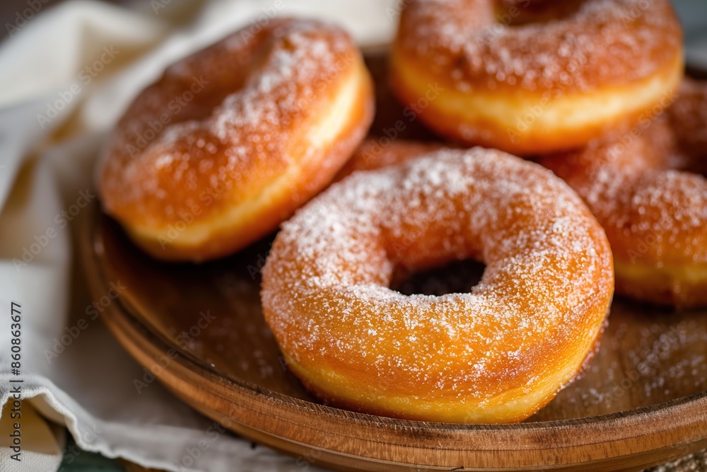 Freshly baked donuts with sugar powder on wooden plate, selective focus Freshly baked donuts with sugar powder on wooden plate, selective focus