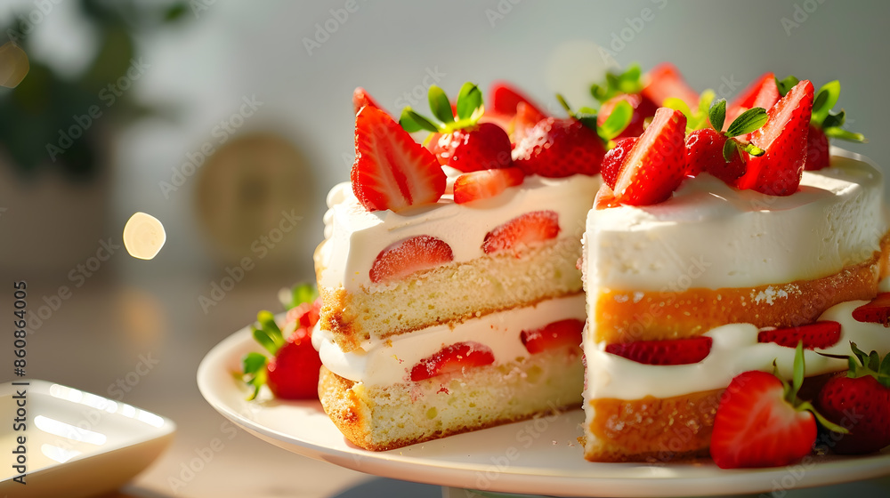 Strawberry cake vanilla sponge cake with cream cheese and fresh strawberries Summer cake Selective focus : Generative AI Strawberry cake vanilla sponge cake with cream cheese and fresh strawberries Summer cake Selective focus : Generative AI