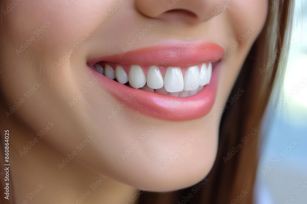 Fototapeta premium Close-up of beautiful female lips with pink lipstick. Smiling woman with healthy teeth.