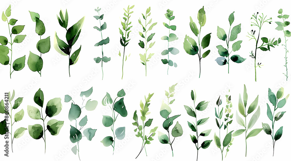 A collection of 20 watercolor illustrations of green leaves and branches, isolated on a white background. Perfect for invitations, cards, and other projects. A collection of 20 watercolor illustrations of green leaves and branches, isolated on a white background. Perfect for invitations, cards, and other projects.