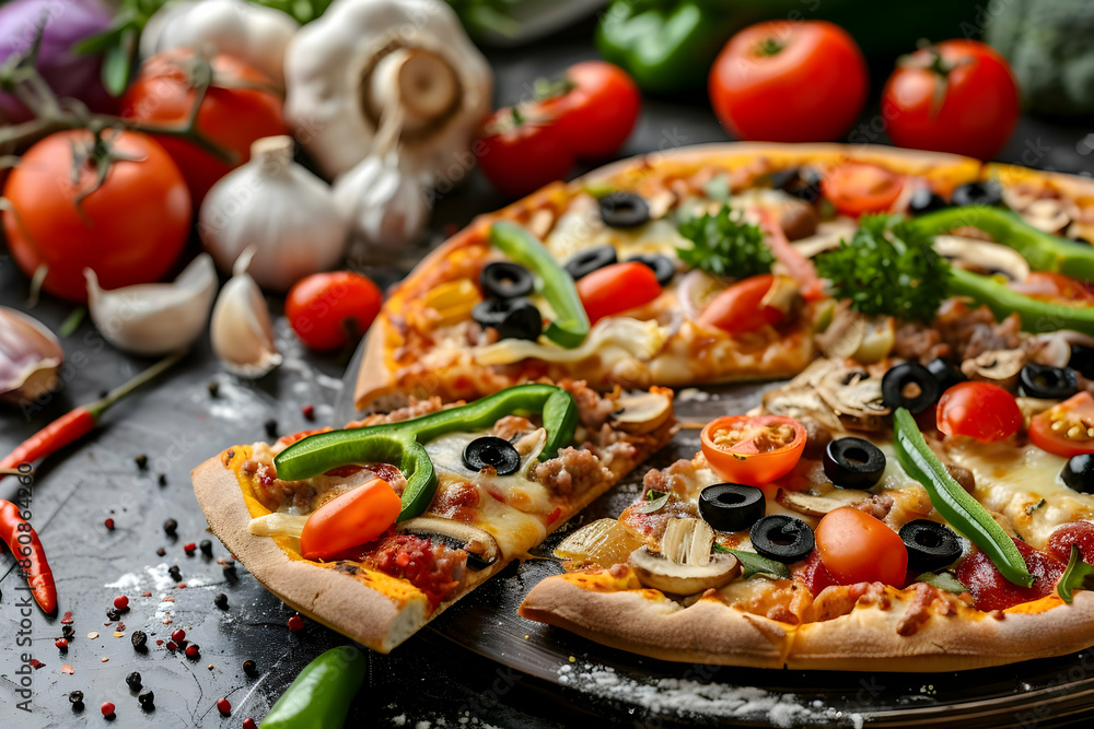 A delicious pizza with various toppings, including tomatoes, olives, mushrooms, and peppers, on a rustic wooden table. A delicious pizza with various toppings, including tomatoes, olives, mushrooms, and peppers, on a rustic wooden table.