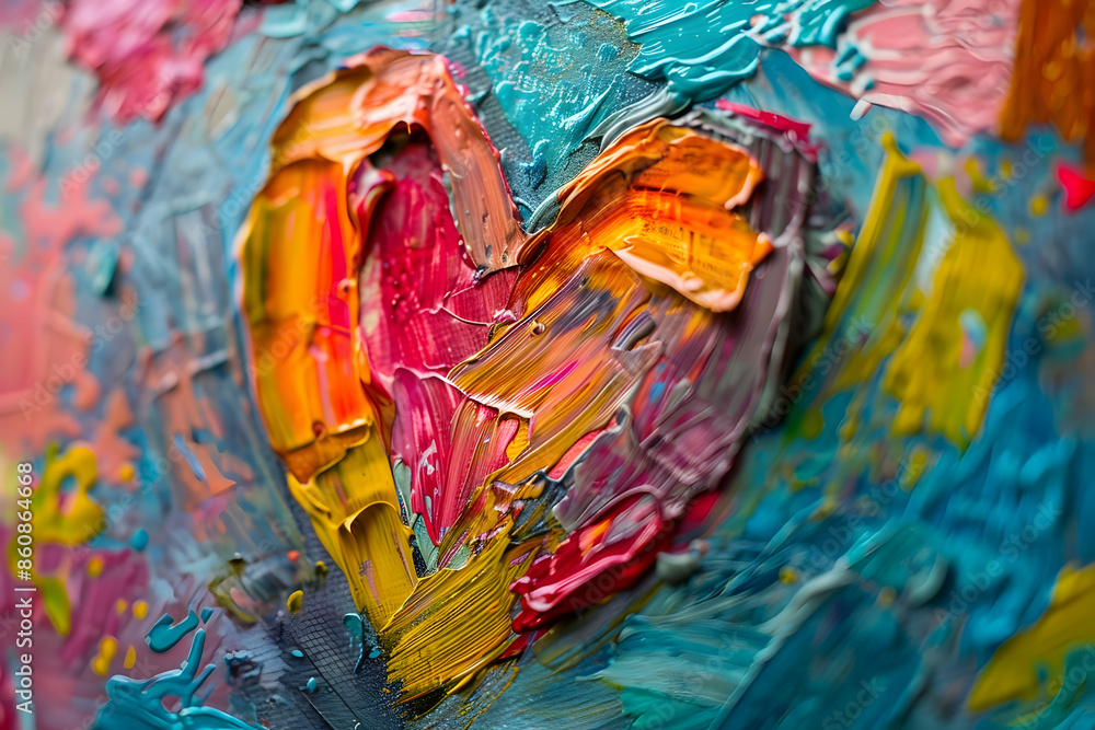 Obraz premium A vibrant, abstract heart painted with thick strokes of oil paint, showcasing a colorful and textured expression of love.