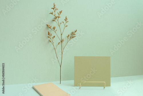 Obraz na płótnie Workspace memo pad, note, dry flower on mint green desk background w salonie