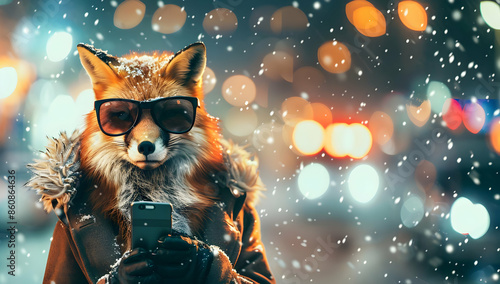 A stylish fox in sunglasses and a coat uses a smartphone in the falling snow. photo