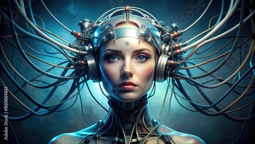 Robotic woman with cables on head , technology, futuristic, artificial intelligence, AI, innovation, cybernetic