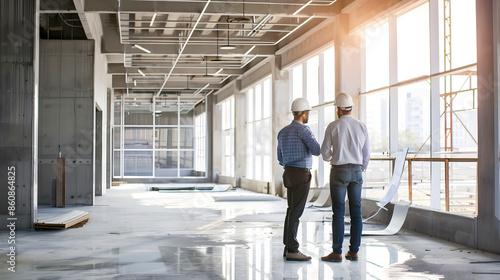 Fototapeta Naklejka Na Ścianę i Meble -  Two construction professionals likely a manager and architect having a meeting in an empty modern office space  They are discussing plans