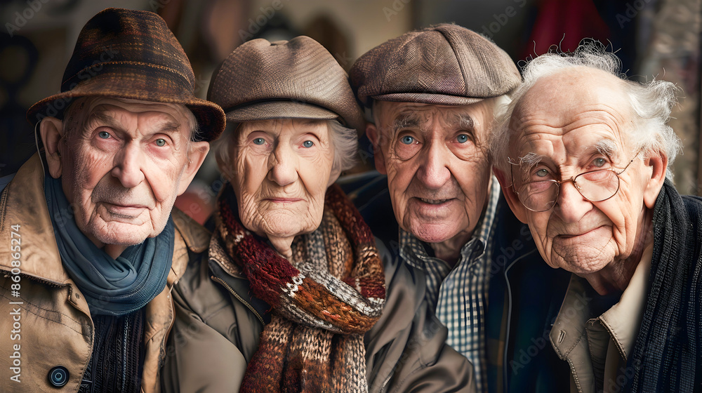 Dignified Portrait of an Aging Group of Mature Caucasian Men with Weathered Faces Wearing Vintage Hats and Scarves Exuding Wisdom and Experience from a Lifetime of Memories and Traditions Dignified Portrait of an Aging Group of Mature Caucasian Men with Weathered Faces Wearing Vintage Hats and Scarves Exuding Wisdom and Experience from a Lifetime of Memories and Traditions