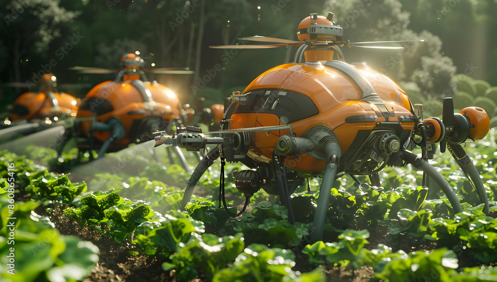 Futuristic robotic insects water a field of crops. Futuristic robotic insects water a field of crops.