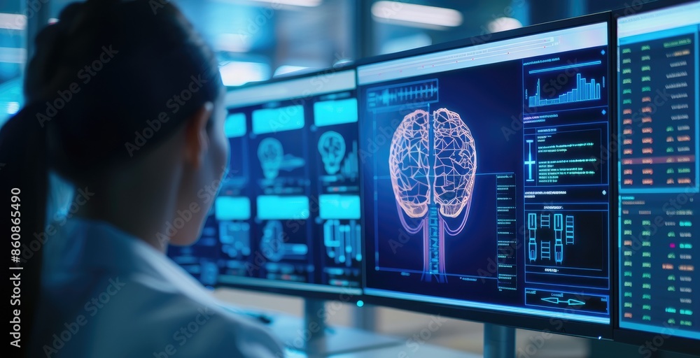 Scientist Analyzing Brain Scans with Advanced AI Technology in a Futuristic Laboratory Scientist Analyzing Brain Scans with Advanced AI Technology in a Futuristic Laboratory
