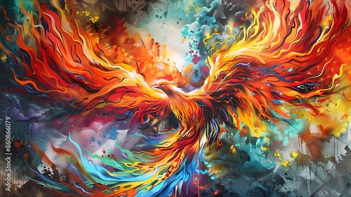 Colorful graffiti image of a phoenix rising from ashes with vibrant flames