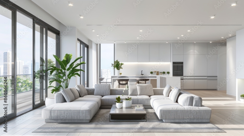 A large white couch sits in front of a window in a modern living room. Generate AI image A large white couch sits in front of a window in a modern living room. Generate AI image