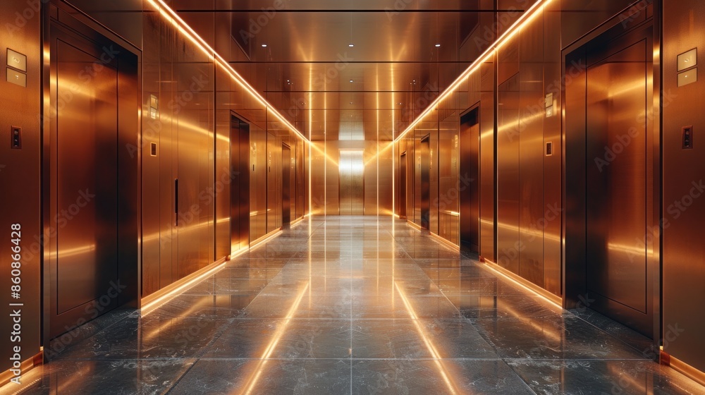 Capture a sleek, metallic corridor lined with angular panels, bathed in soft, diffused light. Capture a sleek, metallic corridor lined with angular panels, bathed in soft, diffused light.