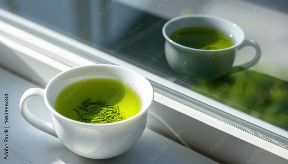 A cup of green tea sits on a table next to a window A cup of green tea sits on a table next to a window