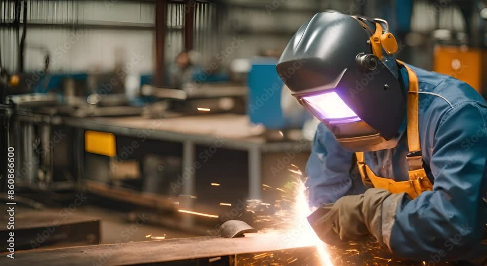 A blacksmith with a welding helmet is working on welding with sparks A blacksmith with a welding helmet is working on welding with sparks