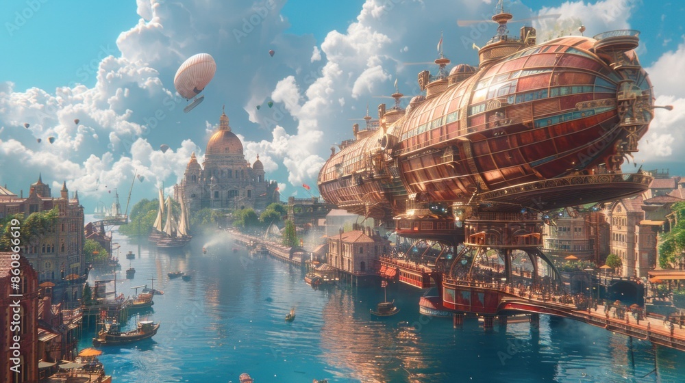 Obraz premium Showcase the serenity of a floating city, with gleaming towers rising above tranquil waters as airships drift lazily through the azure sky.