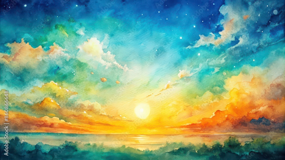 Naklejka premium Abstract watercolor sunset sky with paint blotches in blue, green, yellow, beige, and orange gradient colors, watercolor, sunset