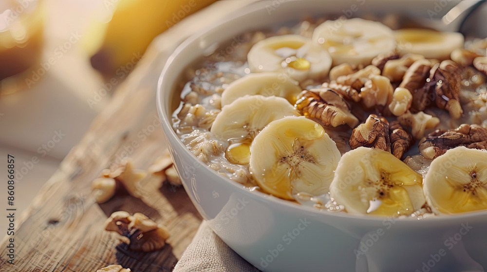 Rustic oatmeal bowl with bananas, walnuts, honey, wooden table, blurred cozy kitchen, morning light. Rustic oatmeal bowl with bananas, walnuts, honey, wooden table, blurred cozy kitchen, morning light.