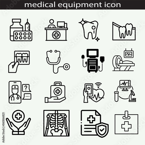 medical equipment icon collection. Editable stroke. Vector illustration