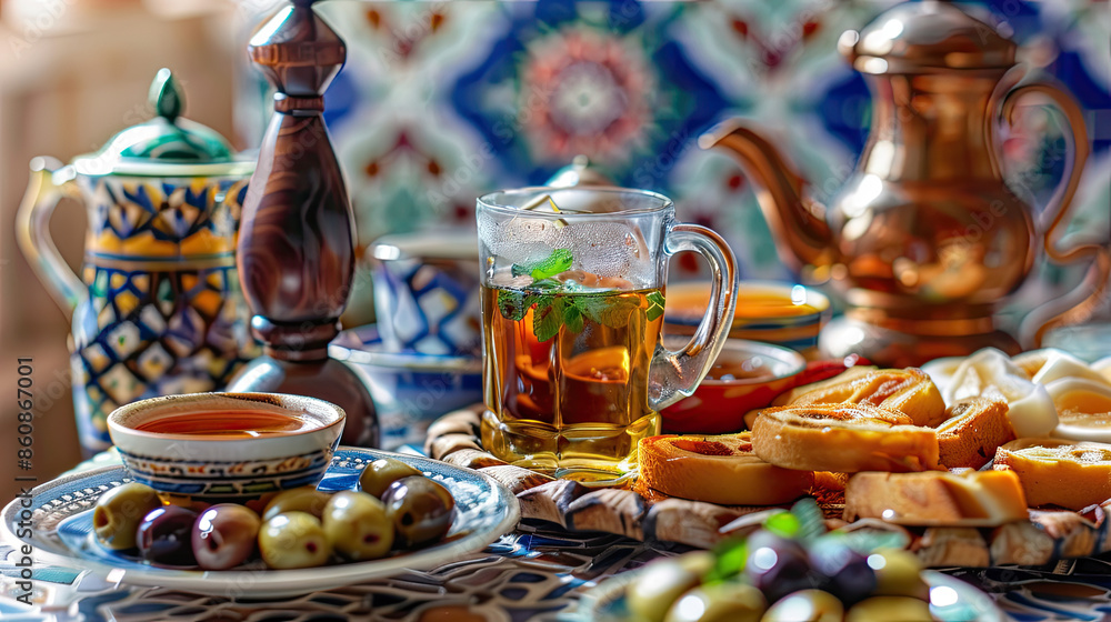Msemen, honey, mint tea, olives, fresh fruit, vibrant Moroccan kitchen, intricate patterns, soft light. Msemen, honey, mint tea, olives, fresh fruit, vibrant Moroccan kitchen, intricate patterns, soft light.