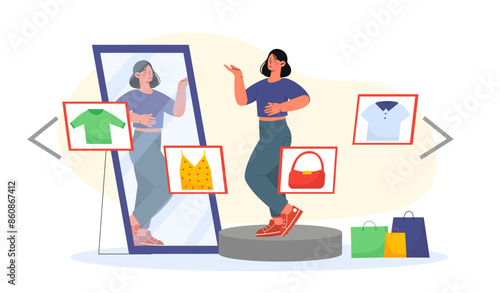 Woman trying on clothes. Girl tries on clothes in front of mirror. Style and fashion, aesthetics and elegance. Shoppaholic in shopping mall, boutique. Cartoon flat vector illustration