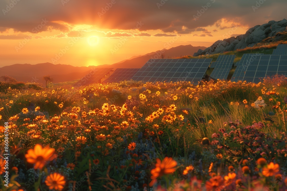 Obraz premium Sunset Over a Field of Flowers and Solar Panels