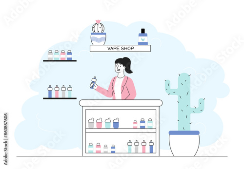 Woman in vape shop. Girl selling electronic cigarettes. Vaporizators and modern devices for smokers. Bad habits and unhealthy lifestyle. Linear flat vector illustration