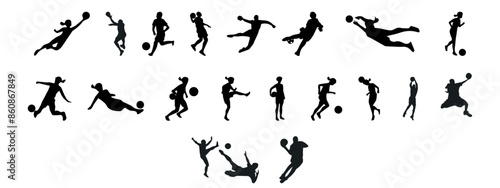 Dynamic soccer player silhouettes,Silhouettes of Soccer players, Diverse poses of football players,Elite soccer player silhouettes, Comprehensive set of football game,Versatile soccer action 
