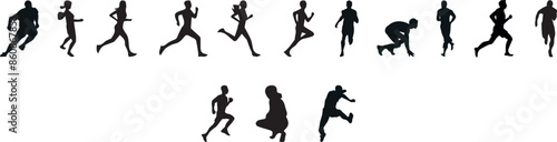 Dynamic running people silhouettes Collection, Jogging icons vector set,Black silhouette icons of jogging and running, Silhouette of joggers Vector,Race vector, Running competition 