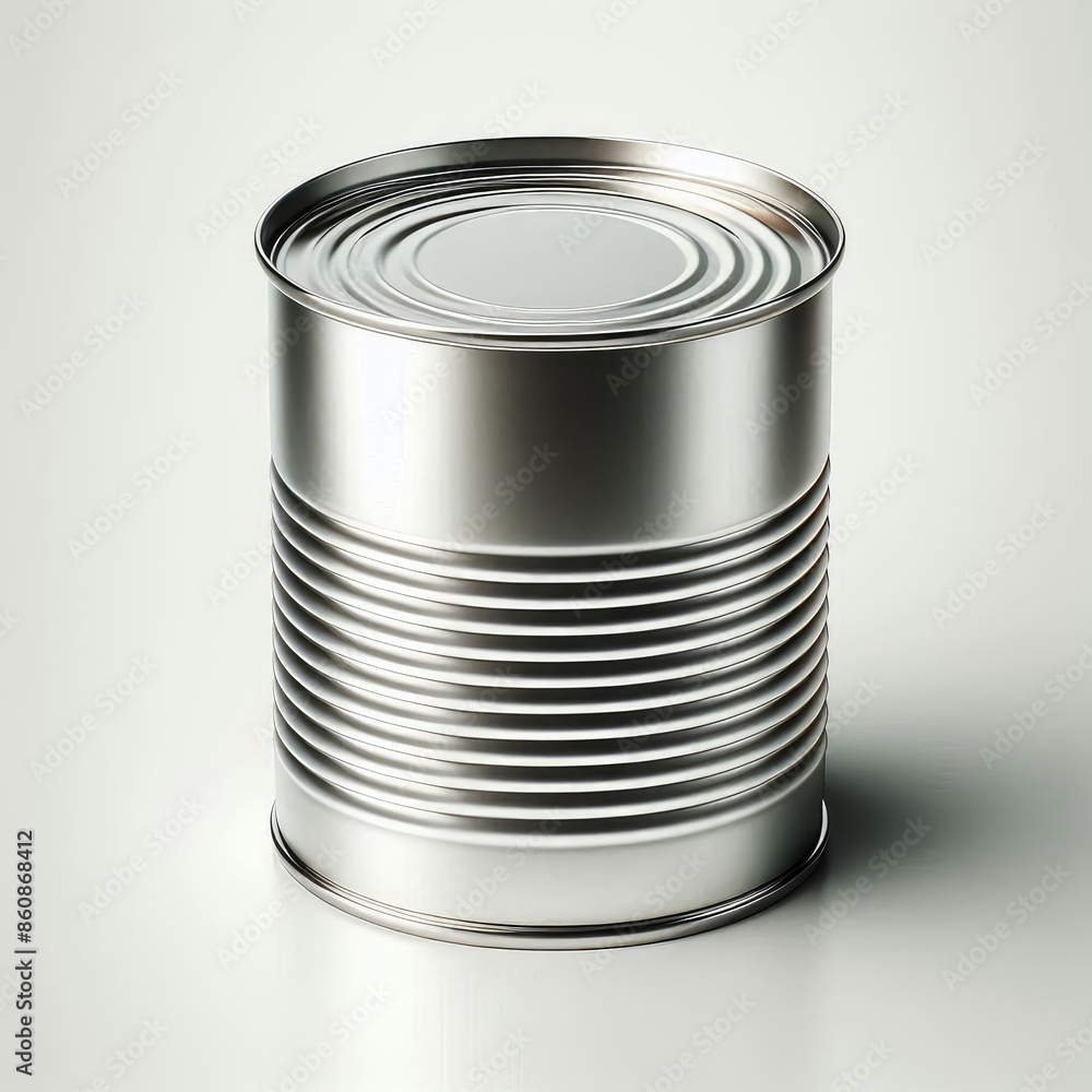 Close-up of blank metallic packaging tin can mock-up Side View isolated on a white background Close-up of blank metallic packaging tin can mock-up Side View isolated on a white background