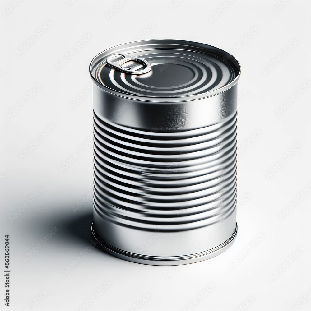 Close-up of blank metallic packaging tin can mock-up Side View isolated on a white background Close-up of blank metallic packaging tin can mock-up Side View isolated on a white background