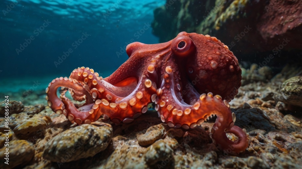 A red octopus with red rocks underwater, highlighting its vibrant colors and textures A red octopus with red rocks underwater, highlighting its vibrant colors and textures