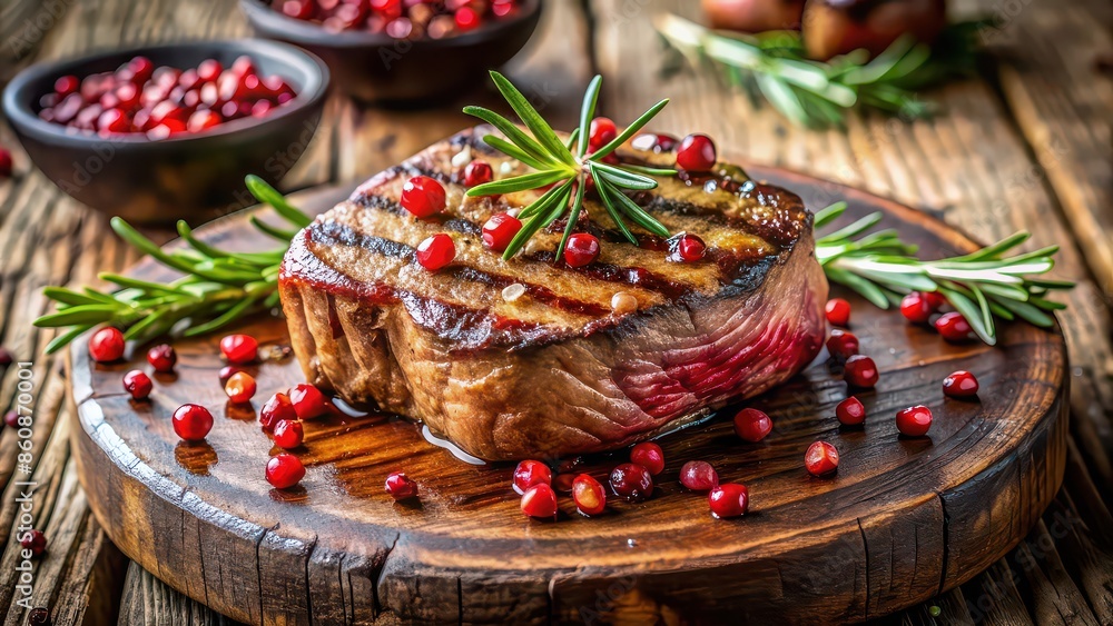 Grilled filet mignon steak with pomegranate seeds on rustic wood table , gourmet, food photography, delicious, juicy, meat Grilled filet mignon steak with pomegranate seeds on rustic wood table , gourmet, food photography, delicious, juicy, meat