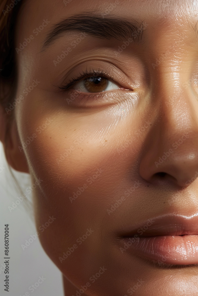 Fototapeta premium Detailed Close-Up of a Young Woman in Her 30s with Glowing, Healthy Skin, Without Makeup