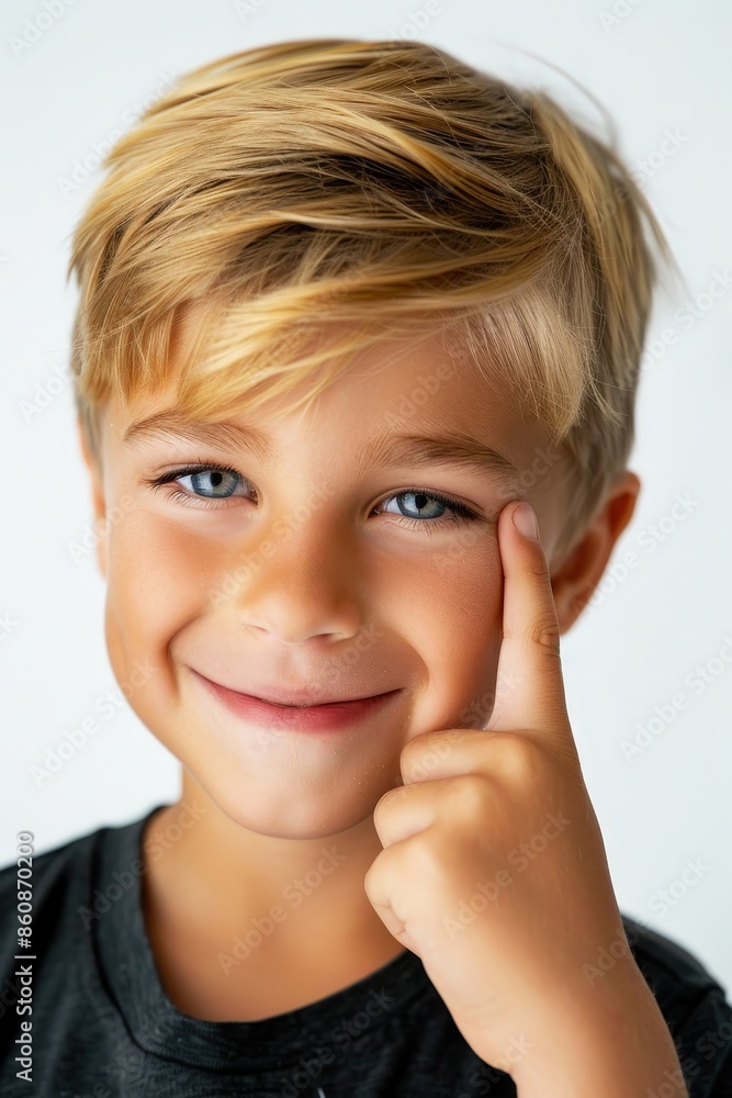 A cute boy with blonde hair and blue eyes smiles, his hand is pointing to his left eye, with a white background A cute boy with blonde hair and blue eyes smiles, his hand is pointing to his left eye, with a white background