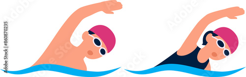 фотографія Man and woman swimming, flat illustration