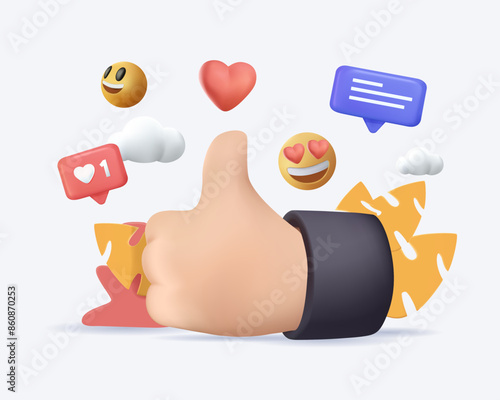 Social media marketing banner. 3D illustration with like, comment, share and emoji smiles. Communication and messages online. Influencer, blogger concept, SMM followers