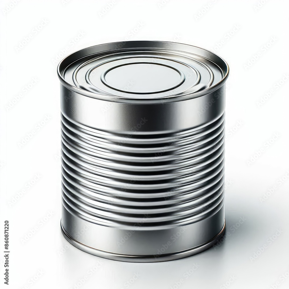 Close-up of blank metallic packaging tin can mock-up Side View isolated on a white background Close-up of blank metallic packaging tin can mock-up Side View isolated on a white background