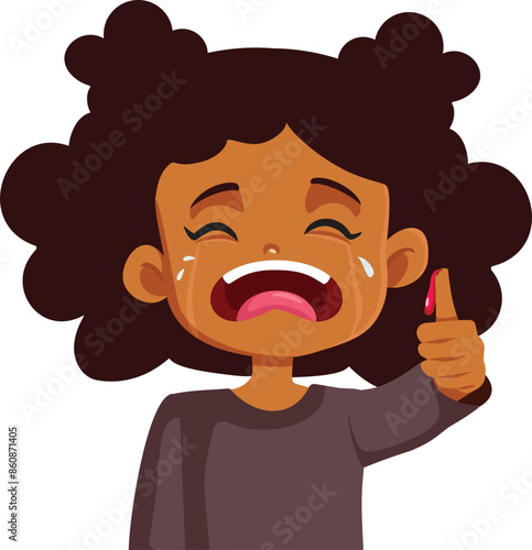 Unhappy Kid Having her Thumb Bleeding Vector Illustration. Sad little girl complaining about finger injury 

