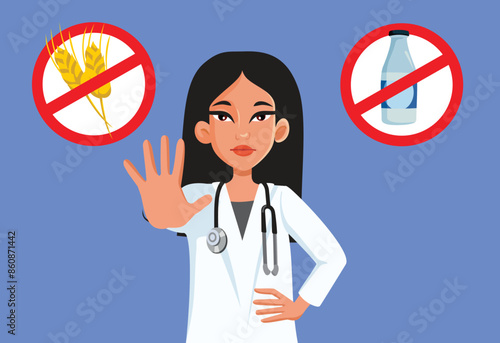 Doctor Recommending Gluten and Lactose Free Diet Vector Illustration. Allergist warning about potential inflammation from certain aliments 
