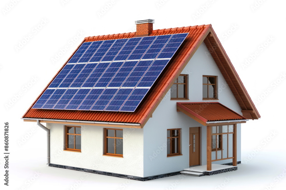 Solar cell on the roof, mini house, vector style, 3d Solar cell on the roof, mini house, vector style, 3d