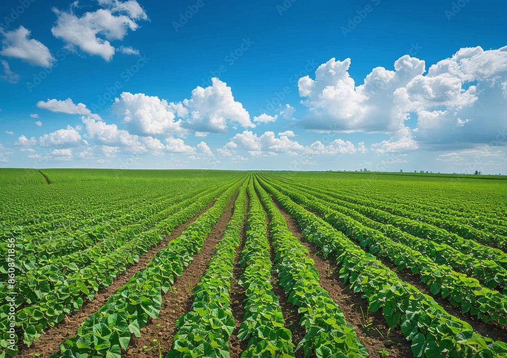 Rows of Green Crops in a Vast Farm Field Under a Blue Sky Rows of Green Crops in a Vast Farm Field Under a Blue Sky