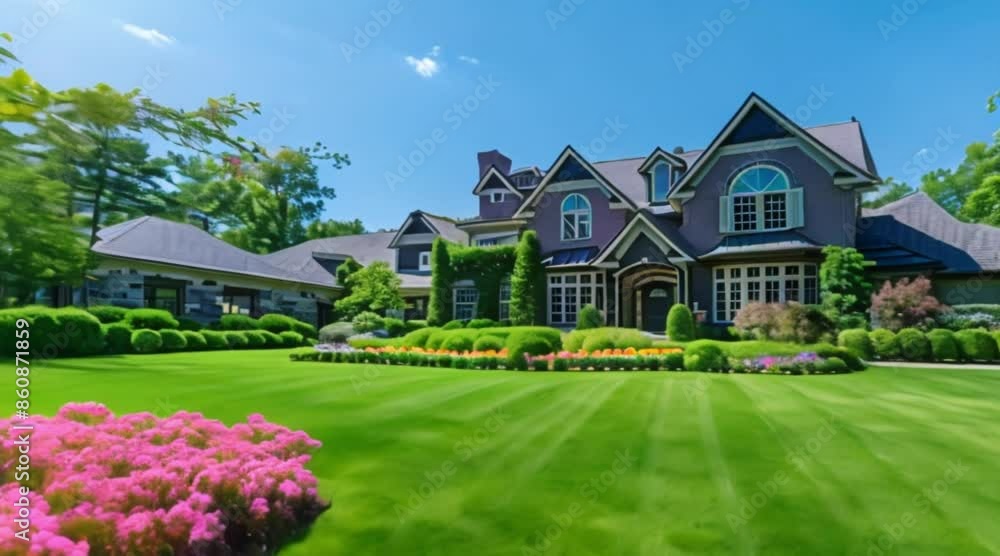 Cozy gray color suburban house illuminated by the soft early morning light. The traditional design features a pitched roof, large windows, and a well-maintained garden. Cozy gray color suburban house illuminated by the soft early morning light. The traditional design features a pitched roof, large windows, and a well-maintained garden.