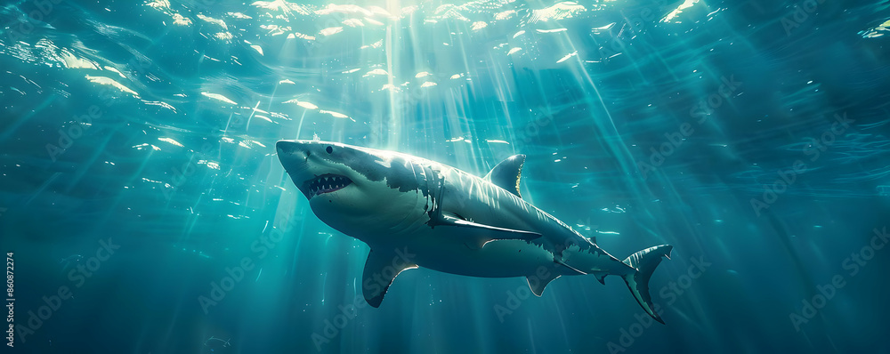 Fototapeta premium A great white shark swims through the ocean, sunbeams streaming down.