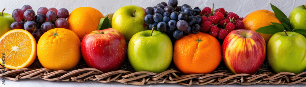 A basket of fruit including apples, oranges, and grapes A basket of fruit including apples, oranges, and grapes